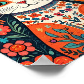 Whimsical Folk Art Kat en Bloemen Poster (Hoek)