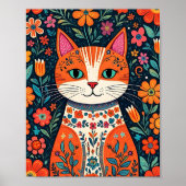 Whimsical Folk Art Kat en Bloemen Poster (Voorkant)