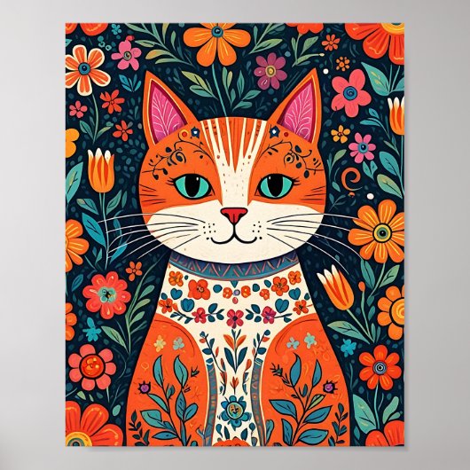 Whimsical Folk Art Kat en Bloemen Poster (Voorkant)