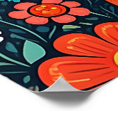 Whimsical Folk Art Kat en Bloemen Poster (Hoek)