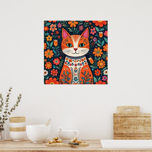 Whimsical Folk Art Kat en Bloemen Poster (Keuken)