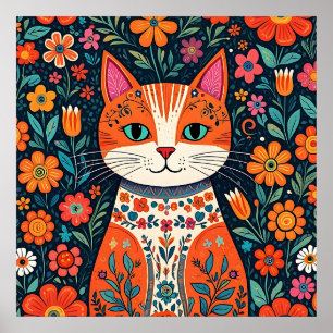 Whimsical Folk Art Kat en Bloemen Poster