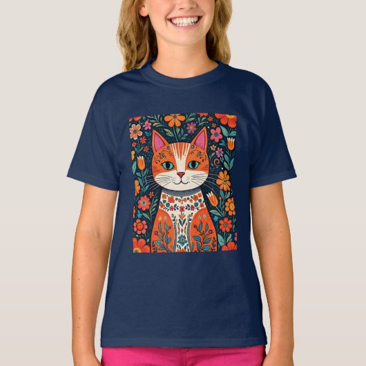 Whimsical Folk Art Kat en Bloemen T-shirt (Voorkant)