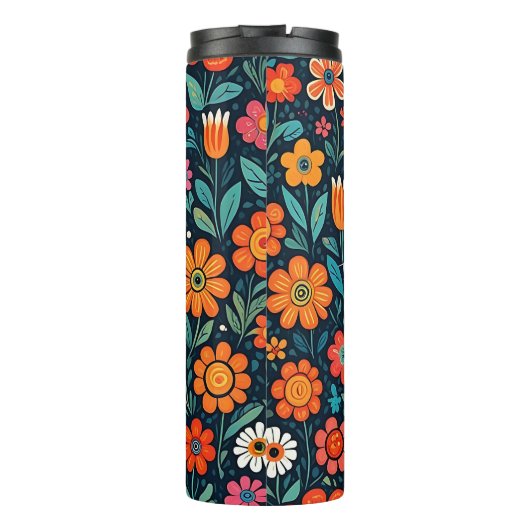 Whimsical Folk Art Kat en Bloemen Thermosbeker (Achterkant)