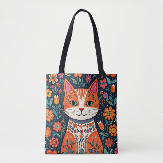 Whimsical Folk Art Kat en Bloemen Tote Bag (Voorkant)