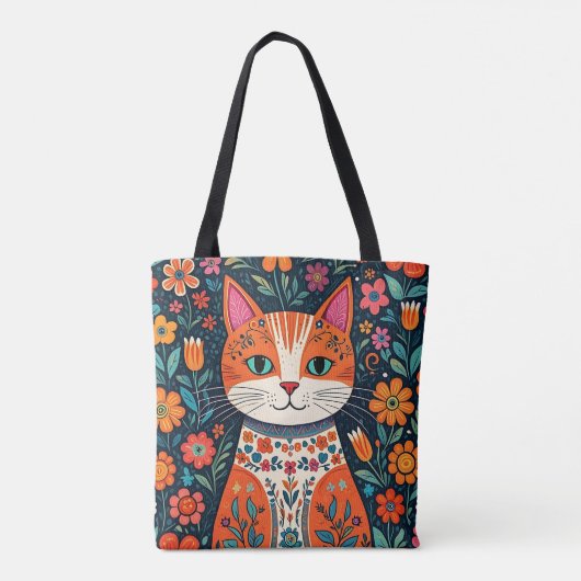 Whimsical Folk Art Kat en Bloemen Tote Bag (Achterkant)