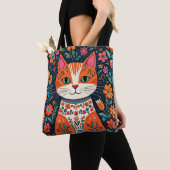 Whimsical Folk Art Kat en Bloemen Tote Bag (Dichtbij)