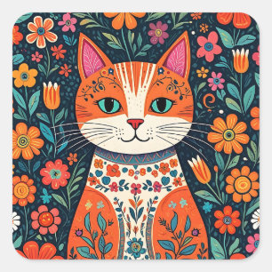 Whimsical Folk Art Kat en Bloemen Vierkante Sticker