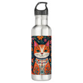 Whimsical Folk Art Kat en Bloemen Waterfles (Voorkant)