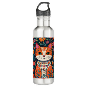 Whimsical Folk Art Kat en Bloemen Waterfles