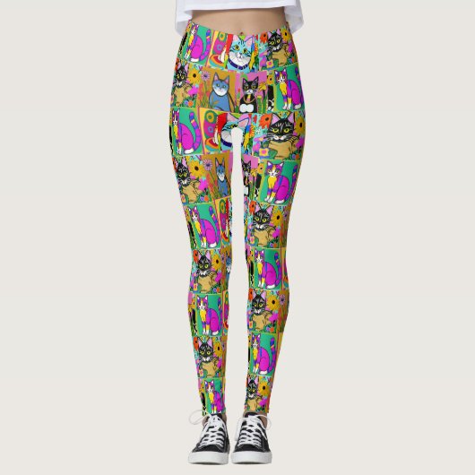 Whimsical Folk Art Kleurrijke Katten Leggings (Voorkant)