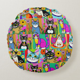 Whimsical Folk Art Kleurrijke Katten Rond Kussen