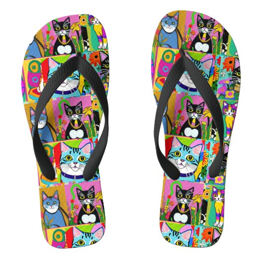 Whimsical Folk Art Kleurrijke Katten Teenslippers (Voetbed)