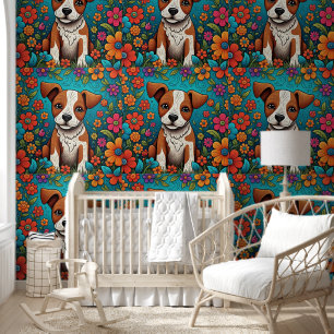 Whimsical Folk Art Puppy Hond en Bloemen Behang