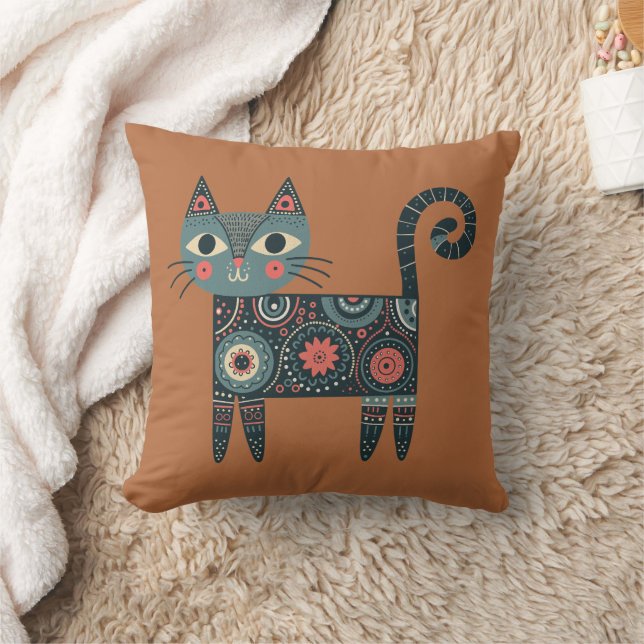 Whimsical Folk Art Retro Boho Kat Klei Kussen (Deken)