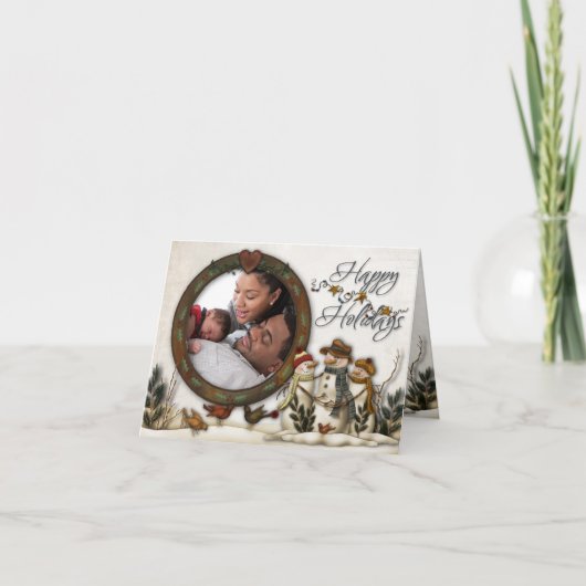 Whimsical Folk Art Snowmen - Kerstfotokaart Feestdagen Kaart (Voorkant)