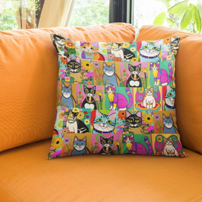 Whimsical Folk Art Stijl Cartoon Katten Kussen (Creator heeft geüpload)