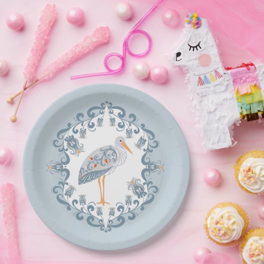 Whimsical Folk Art Stork | BABY SHOWER Papieren Bordje (Feest)