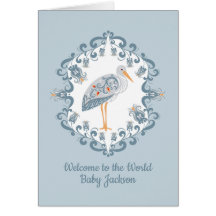 Whimsical Folk Art Stork | Personalized Baby Card