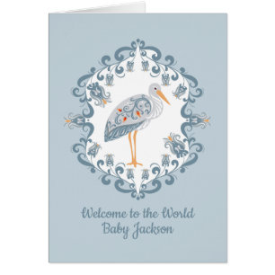 Whimsical Folk Art Stork   Personalized Baby Card
