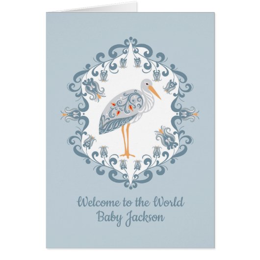 Whimsical Folk Art Stork | Personalized Baby Card (Voorkant)