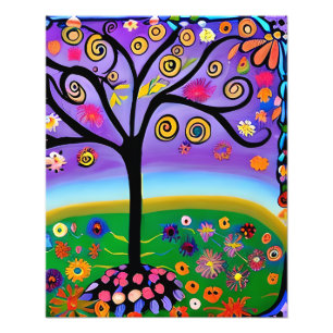 Whimsical Folk Art Style Tree Foto Afdruk
