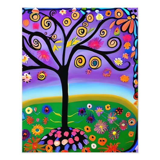 Whimsical Folk Art Style Tree Foto Afdruk (Voorkant)