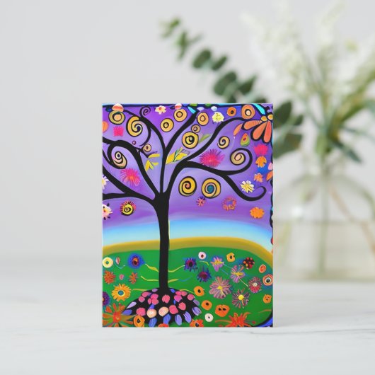 Whimsical Folk Art Style Tree | Gezegde Hi Briefkaart (Staand voorkant)