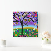 Whimsical Folk Art Style Tree Vierkante Klok (Huis)