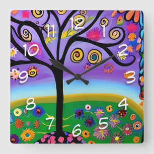 Whimsical Folk Art Style Tree Vierkante Klok