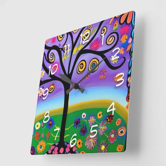 Whimsical Folk Art Style Tree Vierkante Klok (Hoek)
