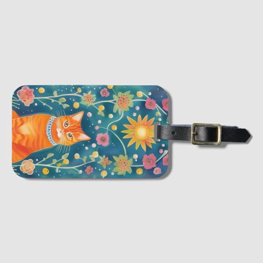 Whimsical Folk Art Tabby Bagagelabel (Voorkant (horizontaal))