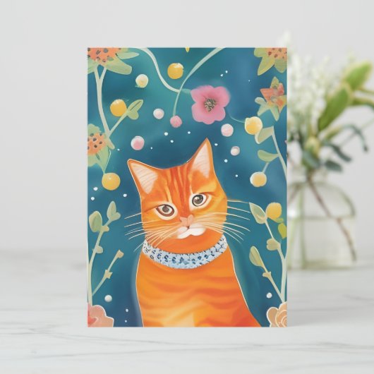 Whimsical Folk Art Tabby Cat Flat Kaart (Staand voorkant)