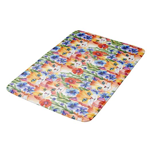 Whimsical Folk Art Waterverf Bloemen en Katten Badmat (Gekanteld)