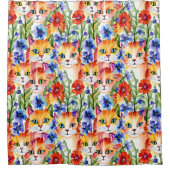 Whimsical Folk Art Waterverf Bloemen en Katten Douchegordijn (Voorkant)