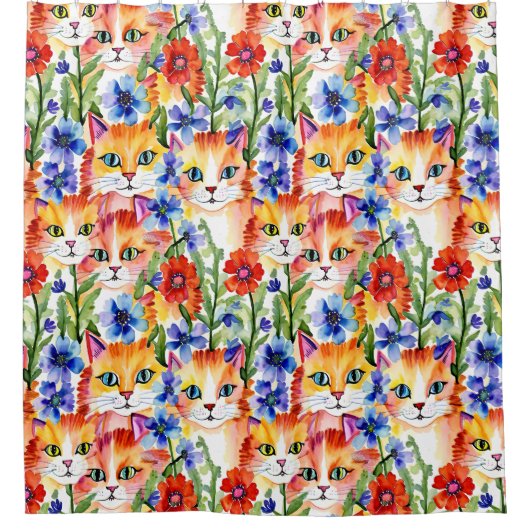 Whimsical Folk Art Waterverf Bloemen en Katten Douchegordijn (Voorkant)