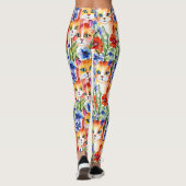Whimsical Folk Art Waterverf Bloemen en Katten Leggings (Achterkant)