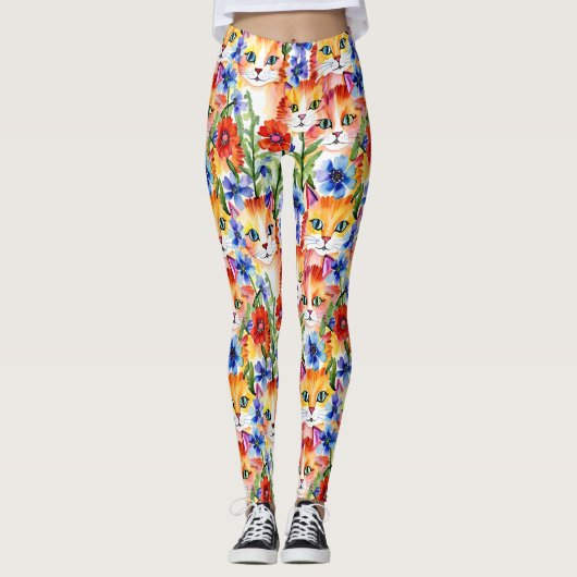 Whimsical Folk Art Waterverf Bloemen en Katten Leggings (Voorkant)