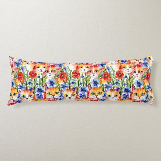 Whimsical Folk Art Waterverf Bloemen en Katten Lichaamskussen (Voorkant)