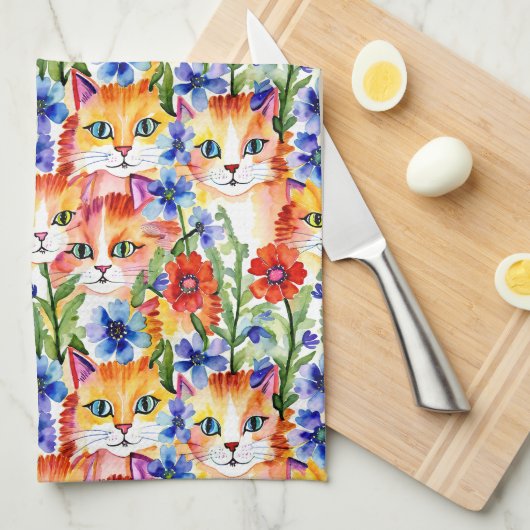 Whimsical Folk Art Waterverf Bloemen en Katten Theedoek (Quarter Fold)
