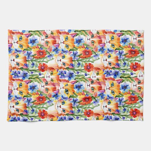 Whimsical Folk Art Waterverf Bloemen en Katten Theedoek (Horizontaal)