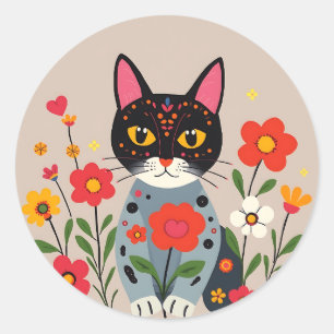 Whimsical Folk Art Zwarte kat en bloemen Ronde Sticker
