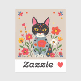 Whimsical Folk Art Zwarte kat en bloemen Sticker