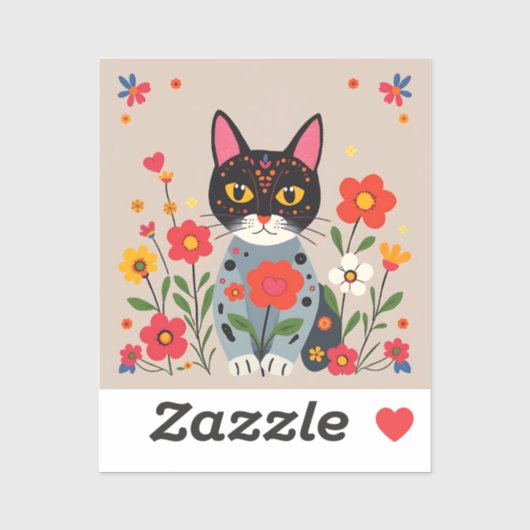 Whimsical Folk Art Zwarte kat en bloemen Sticker (Vel)