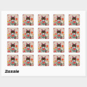 Whimsical Folk Art Zwarte kat en bloemen Vierkante Sticker (Vel)