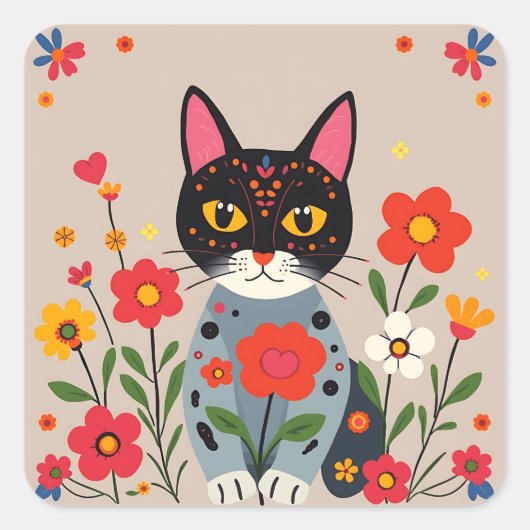 Whimsical Folk Art Zwarte kat en bloemen Vierkante Sticker (Voorkant)