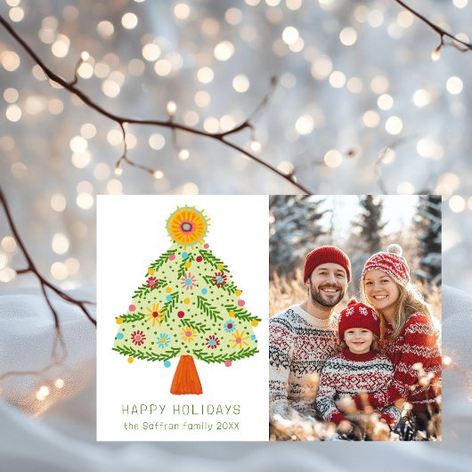 Whimsical Folk Christmas Tree CUSTOM FOTO Feestdagenkaart