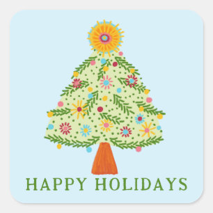 Whimsical Folk Christmas Tree CUSTOM Gift Vierkante Sticker