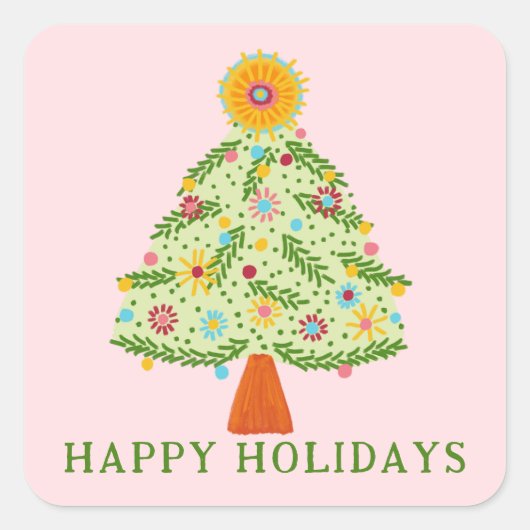 Whimsical Folk Christmas Tree CUSTOM Gift Vierkante Sticker (Voorkant)