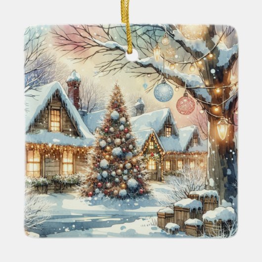 Whimsical Folk Village gepersonaliseerde kerst Keramisch Ornament (Voorkant)